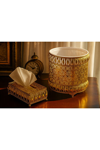 Living Gold Round Trash Bin with Decorative Pattern & Gold Stainless Steel Tissue Box