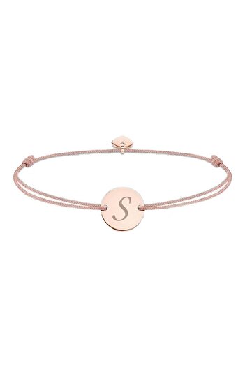 dalimag Adjustable Bracelet with Round Charm and Heart, Rose Gold, Letter S Engraving, Beige Cord