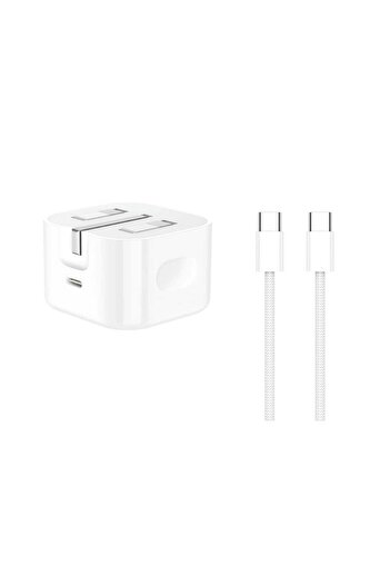 Generic شاحن جداري بقوة 35 واط مع كيبل قماش USB-C إلى USB-C شحن سريع بتقنية PD أبيض