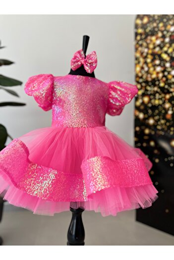 İkrabutikbursa Pink Girls' Evening Dress – Sequined, Puffy, Balloon Sleeves, Stylish Design for Special Occasions