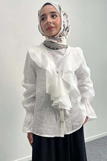 Hatun Atila Ruffle Detailed Long Sleeve Shirt 8854 - White