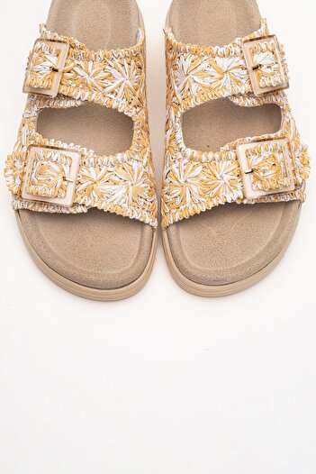 LuviShoes Milana Beige Patterned Genuine Leather Buckle Double Strap Women's Slippers
