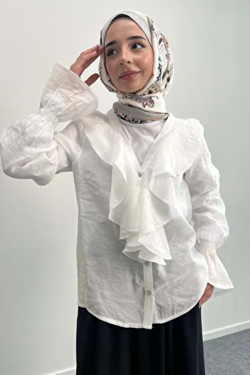 Hatun Atila Ruffle Detailed Long Sleeve Shirt 8854 - White
