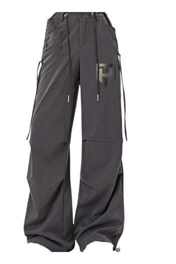 huitich Women's Ice Silk Wide-Leg Pants High Waist, Loose Fit, Dark Grey Size L