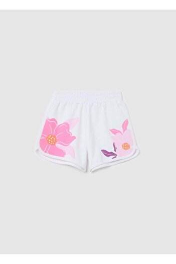 Ovs White Cotton Shorts With Pink Flowers