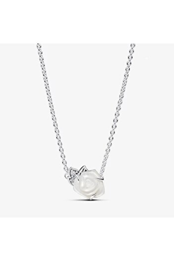 Pandora Necklace with a white blooming rose pendant made of 925 Silver - 45cm