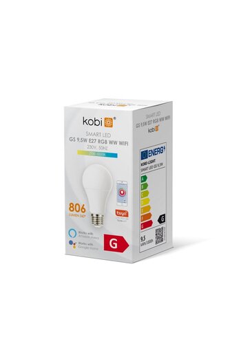 Kobi Bec inteligent LED de 9,5 W, E27, RGB+CCT, 806 lm, control vocal și aplicație, clasă energetică F