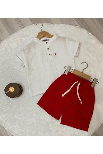 cgboutiquestylekids Cactus Embroidered Muslin Judge Collar Shirt Bottom Thin Linen Red Shorts Boys Bottom Top Set
