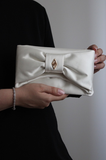 mossi Aron Atelier Satin Faux Leather Bow Detailed Chain Strap Evening Dress Clutch Bag