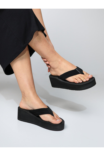HANOX Velvet High Platform Heel Black Women's Flip Flops Beach Slippers (6.0) cm