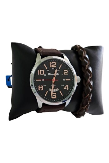 OEM Men's wristwatch with brown leatherette bracelet, buckle closure, analog display, quartz mechanism