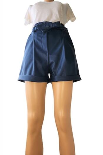 OEM Women's Shorts Made of Faux Leather, Elastic Waist, Side Pockets, Navy Blue, Size S