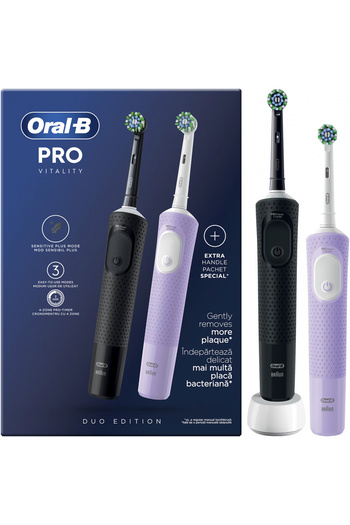 Oral-B Set de 2 periuțe de dinți electrice Vitality Pro, curățare 2D, 3 programe, 1 încărcător, 2 capete