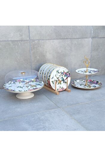Pinkev 8 Piece Bird Patterned Ceramic Cake Presentation Plate Set