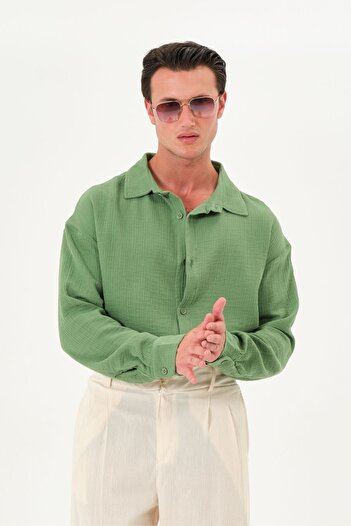 RELAXL 4 Seasons Oversize Muslin Men's Long Sleeve Green Shirt