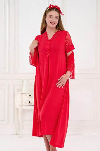 Emose 2-Piece Maternity Nightgown Set with Lace and Morning Dress