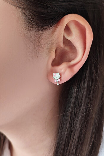 Parmas Design Kız Çocuk Hello Kitty Kedi Tasarım 925 Ayar Gümüş J Küpe