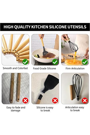 Deliny Kitchen Utensil Set 19 Pieces, Wooden and Food-Grade Silicone, Knives, Cutting Board, Heat