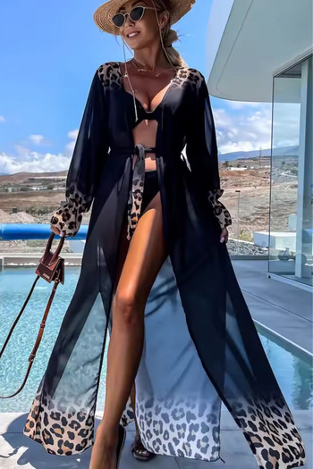 Nana & Mayka Moda Women's Black Leopard Print Chiffon Long Beach Kimono – Belted, Lightweight Pareo Dress