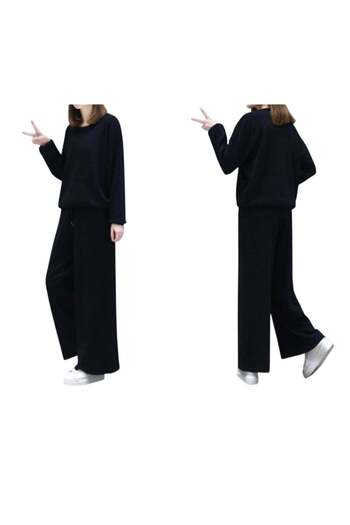 huitich Women's Two-Piece Casual Suit with Wide Leg Pants – Black, Size M