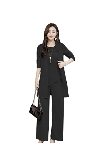 huitich Women's Three-Piece Slim Suit Stylish Plus Size Set, Black Size L