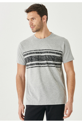 AC&Co / Altınyıldız Classics Bedrucktes Herren-T-Shirt aus 100 % Baumwolle in Grau-Melange mit schmalem Schnitt und Rundhalsausschnitt