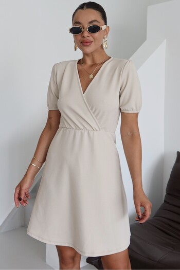 MODAGEN Women's Beige Short Sleeve Double Breasted Collar Mini Dress
