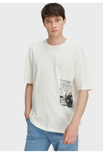 AC&Co / Altınyıldız Classics Men's Ecru Oversize Loose Cut Crew Neck 100% Cotton Printed T-Shirt