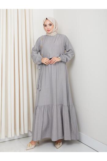 HARMAN BUTİK Women's Tie Detail Strawberry Fabric Gray Dress
