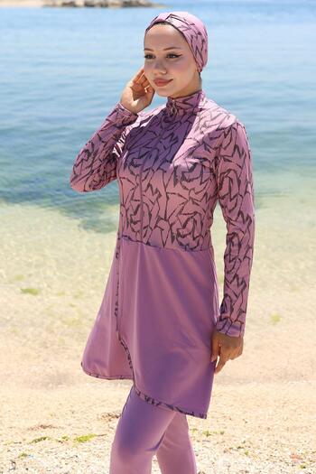 hafsamina Lycra Patterned Skirt Full Covered Swimsuit Dusty Rose Hm2789