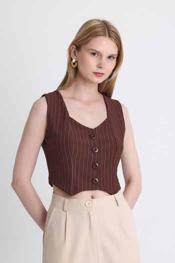 Rays Coffee Striped V-Neck Buttoned Crop Vest with Cuff Detail 4288A