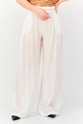 Koton Women Regular Fit Textured Wide Leg Pants, Off White