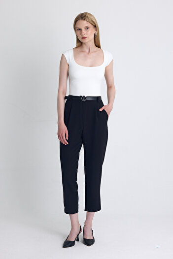 Rays Black High Waist Belted Carrot Cut Pants 6418A
