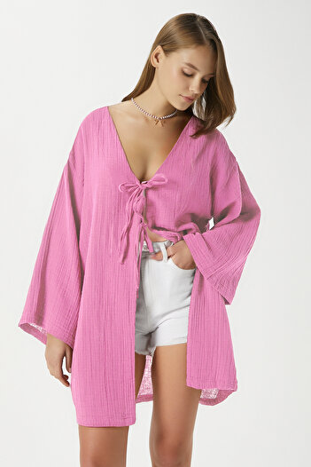 Ritnice Kadın Sandra %100 Pamuk Müslin Bağcıklı Pembe Kimono