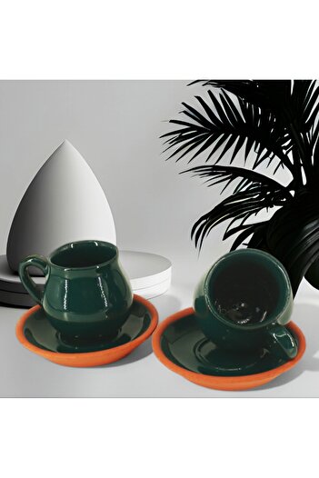 vegahediye v vega Set of 2 Handmade Green Color Clay Turkish Coffee Cup Gift Set