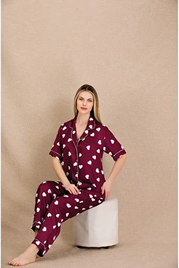 Lady Lingerie Short Sleeve Heart Pattern Satin Women's Pajama Set with Shirt Collar