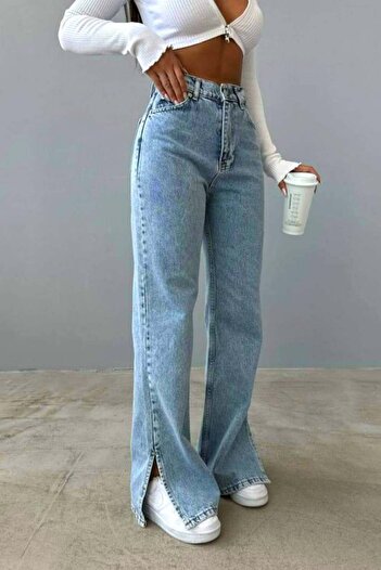 FashionForYou Blugi MonTery mom fit, cu crăpătură scurtă pe picior și lungime supradimensionată, Albastru deschis