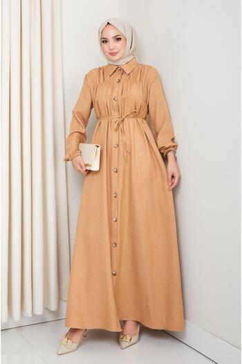 HARMAN BUTİK Women's Gathered Detailed Belted Buttoned Mustard Dress