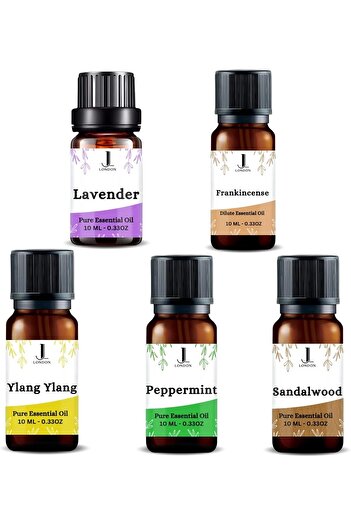 JAN LONDON Essential Oil Pack 5x10ml | Lavender, Ylang Ylang, Peppermint, Sandalwood & Frankincense