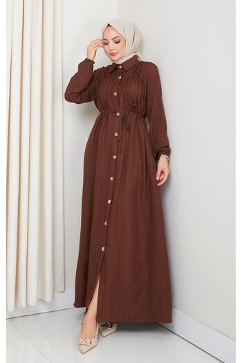 HARMAN BUTİK Women's Gathered Detailed Belted Buttoned Brown Dress