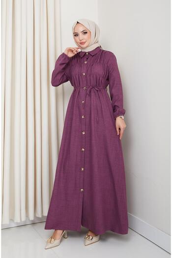 HARMAN BUTİK Women's Gathered Detailed Belted Buttoned Purple Dress