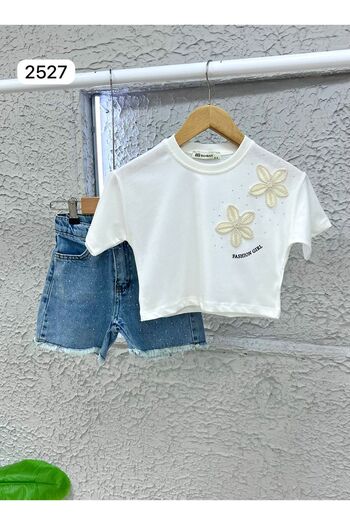 cgboutiquestylekids Embroidered Flower and Stone Combination Denim Shorts Stone Girl's Bottom Top Set