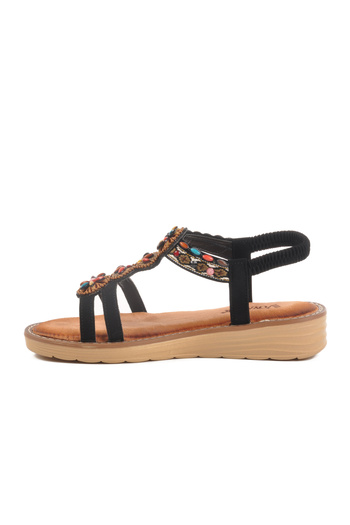Voyager Black Genuine Leather Stone Embroidered Women's Flat Sandals