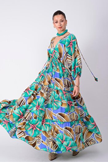 Park Moda G-28 Arya Manolya Pattern Tassel Detailed Long Dress