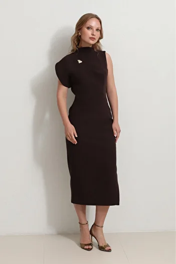 Setre Bitter-Brown One Shoulder Detailed Full Fit Midi Length Dress