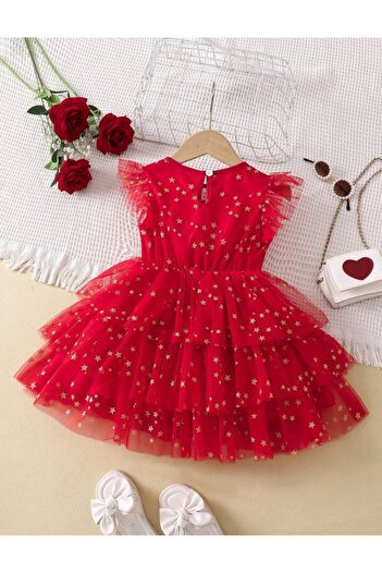 OEM Red dress with gold stars for girls made of lace/tulle in 3 layers, 116 cm, 6 years