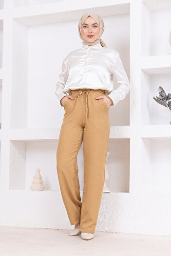 FİDEY BELİ LASTİKLİ CEPLİ KETEN PANTOLON