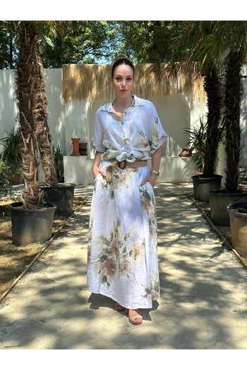 Butik Esra Kandemir Summer Cotton Linen Oversize Skirt Shirt Set