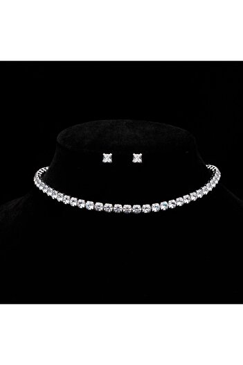 ElectraStore Tennis Diamond Look Chocker+Earrings Set