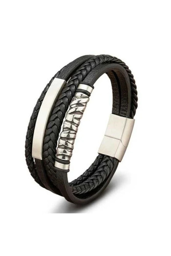 Belora Brățară Viking din Piele și Oțel Inoxidabil pentru Bărbați, stil modern, negru